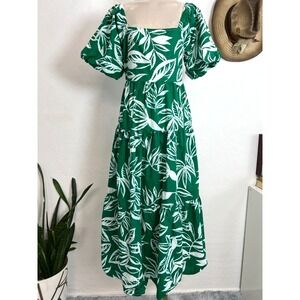 Meadow Rhodes Boho Green Botanical Cotton Tiered Maxi Dress Large Cottagecore